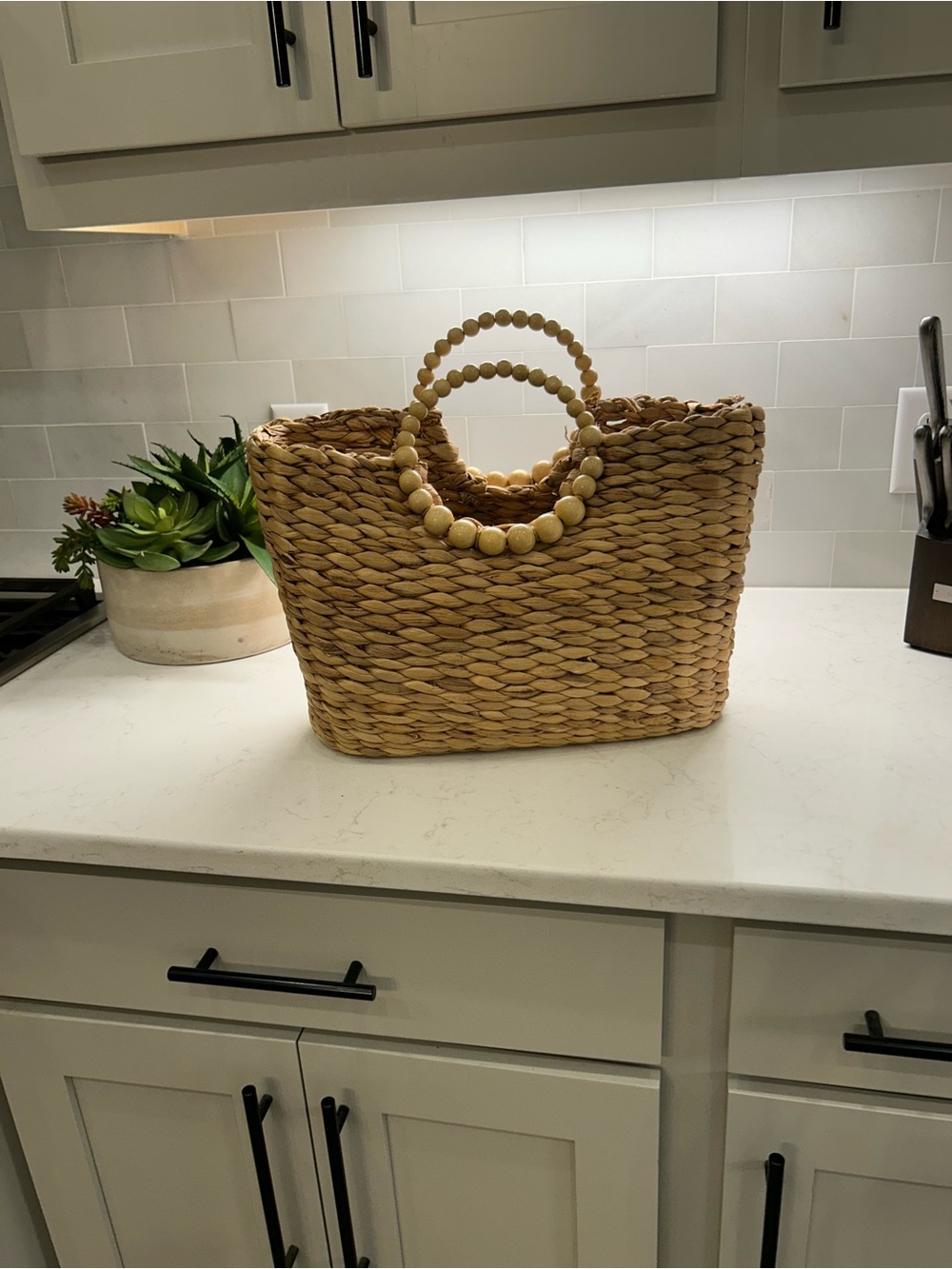 Woven Bead-Handle Straw Tote Bag in Natural